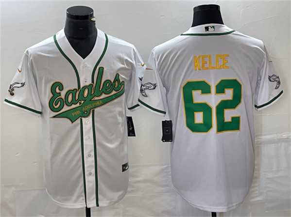 Mens Philadelphia Eagles #62 Jason Kelce White Gold Cool Base Baseball Stitched Jersey